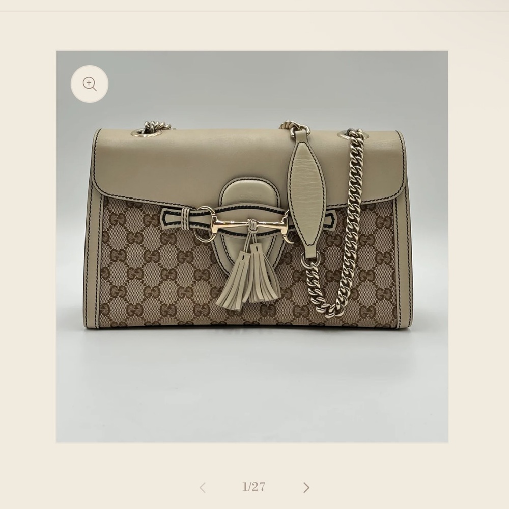 Guccisimo Emily Gucci Cream & Brown Monogram Shoulder Bag w/ horsebit & Tassels